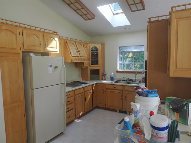 7502 Kauffman Blvd, Presque Isle, MI 49777 - kitchen featuring freestanding refrigerator, a sink, a skylight, custom range hood, and stainless steel stovetop