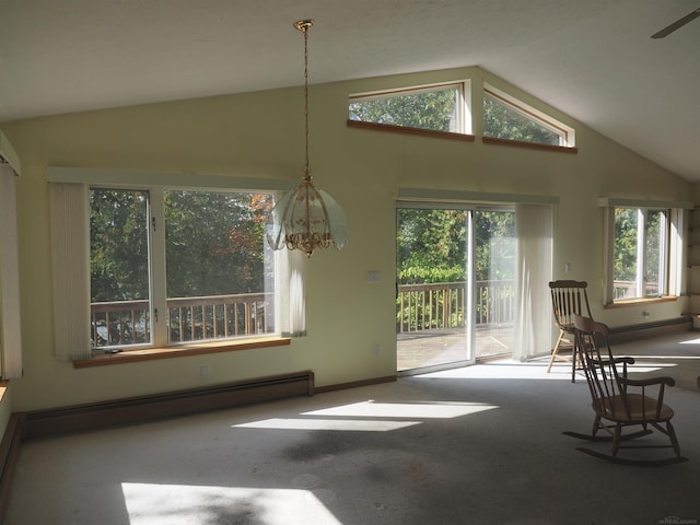 7502 Kauffman Blvd, Presque Isle, MI 49777 - unfurnished dining area featuring carpet flooring, a baseboard heating unit, a chandelier, baseboards, and high vaulted ceiling