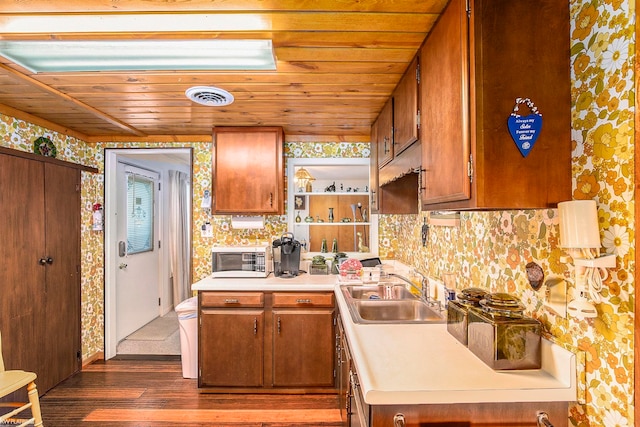 kitchen with sink, dark wood-type flooring, and wood ceiling