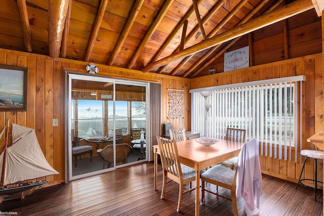 dining space with lofted ceiling with beams, wood ceiling, dark hardwood / wood-style floors, and wood walls