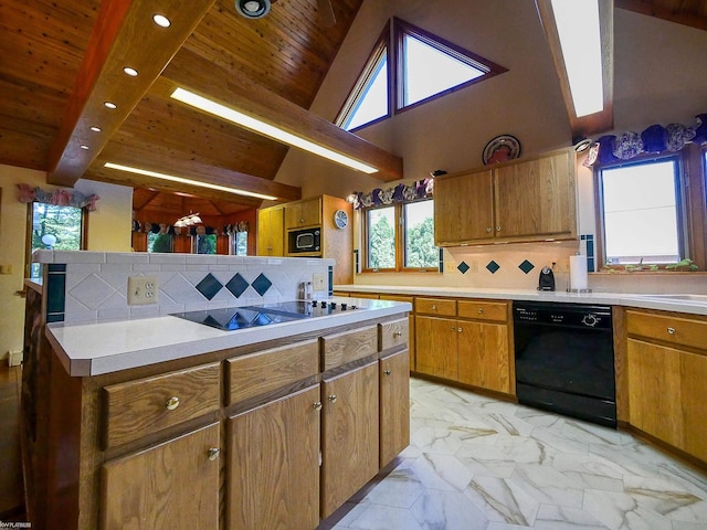 kitchen featuring vaulted ceiling with beams, plenty of natural light, and black appliances