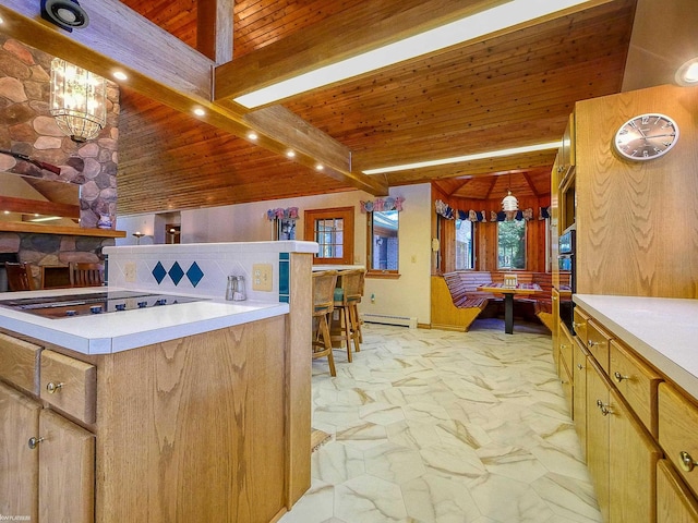 kitchen with baseboard heating, beam ceiling, wooden ceiling, a notable chandelier, and hanging light fixtures