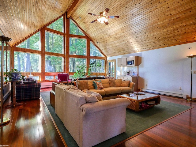 living room with beam ceiling, plenty of natural light, dark wood-type flooring, and baseboard heating