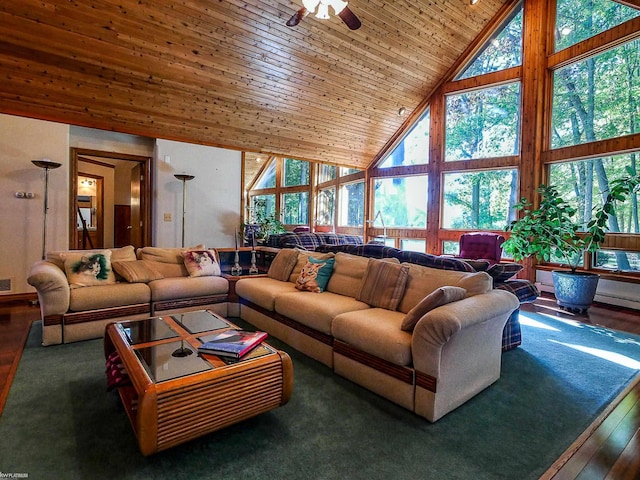 living room with wooden ceiling, high vaulted ceiling, ceiling fan, and dark wood-type flooring