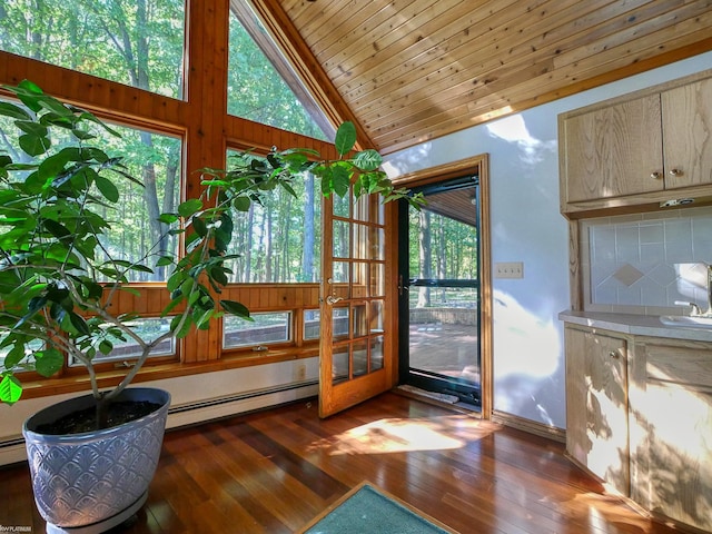 sunroom featuring lofted ceiling, wooden ceiling, baseboard heating, and french doors