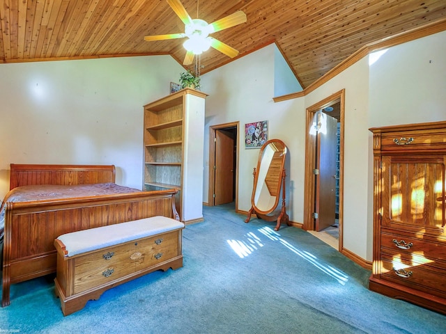 bedroom with ceiling fan, light colored carpet, lofted ceiling, and wooden ceiling