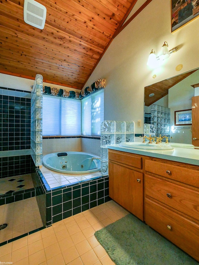 bathroom with vanity, wooden ceiling, tile patterned floors, vaulted ceiling, and separate shower and tub