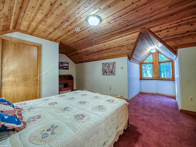 bedroom featuring carpet floors, vaulted ceiling, and wooden ceiling