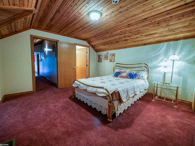 bedroom with wood ceiling, lofted ceiling, and dark colored carpet