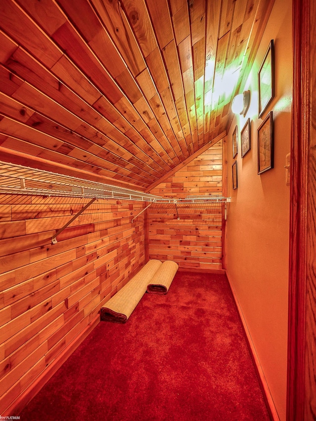 walk in closet featuring carpet flooring and vaulted ceiling