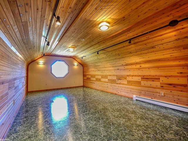 additional living space with wooden walls, wooden ceiling, lofted ceiling, and a baseboard heating unit