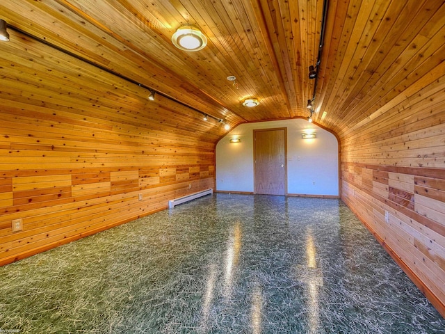 bonus room featuring lofted ceiling, baseboard heating, wooden walls, and wooden ceiling