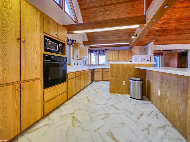 kitchen featuring wood ceiling, beamed ceiling, and black appliances