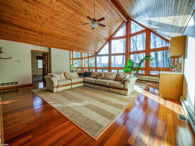 living room with beamed ceiling, hardwood / wood-style floors, high vaulted ceiling, and a wealth of natural light