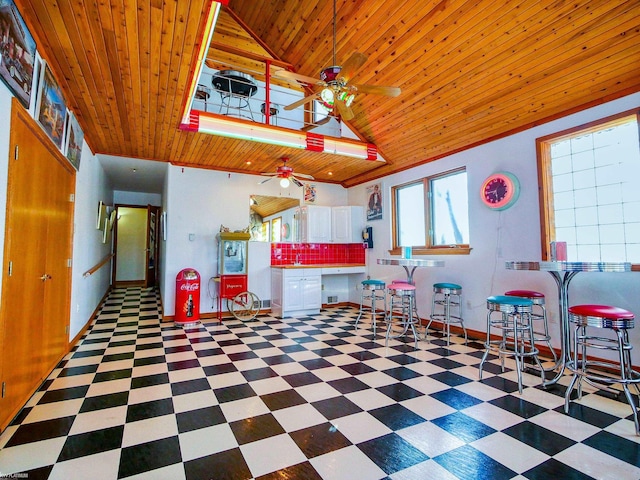 garage featuring ceiling fan and wood ceiling