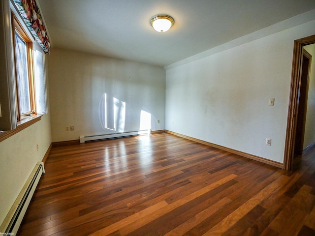 unfurnished room featuring dark wood-type flooring and a baseboard radiator