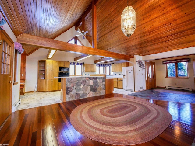 interior space with lofted ceiling with beams, light hardwood / wood-style flooring, a baseboard radiator, and a notable chandelier