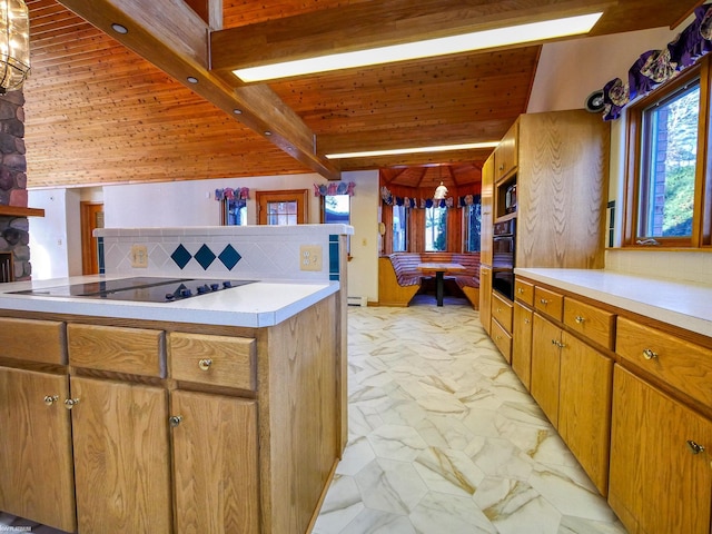 kitchen with wood ceiling, backsplash, beamed ceiling, and black appliances