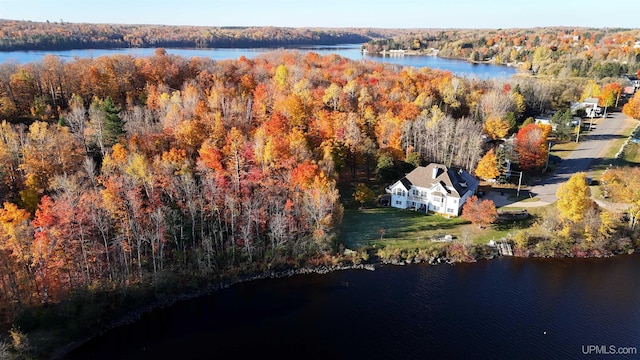 aerial view featuring a wooded view and a water view