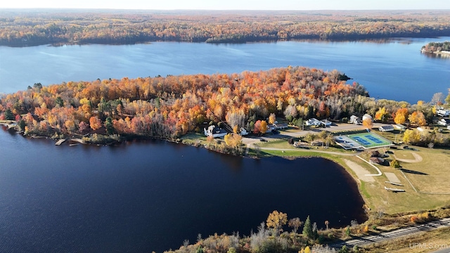 birds eye view of property featuring a view of trees and a water view