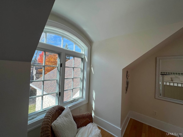 sitting room with wood-type flooring, vaulted ceiling, and plenty of natural light