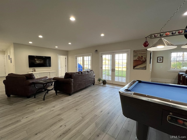 playroom featuring recessed lighting, french doors, pool table, and light wood-type flooring
