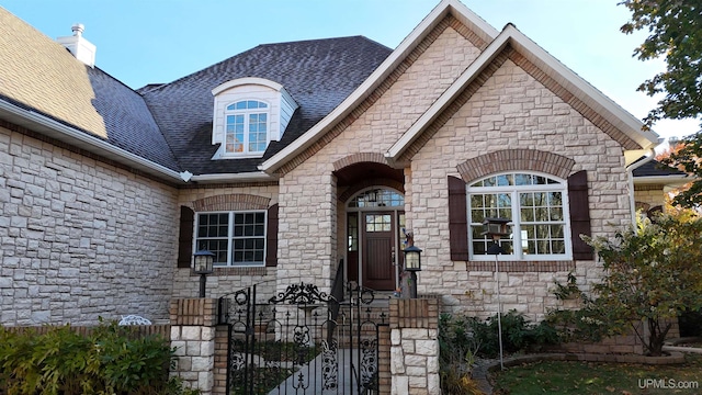 view of front of home with a gate and stone siding