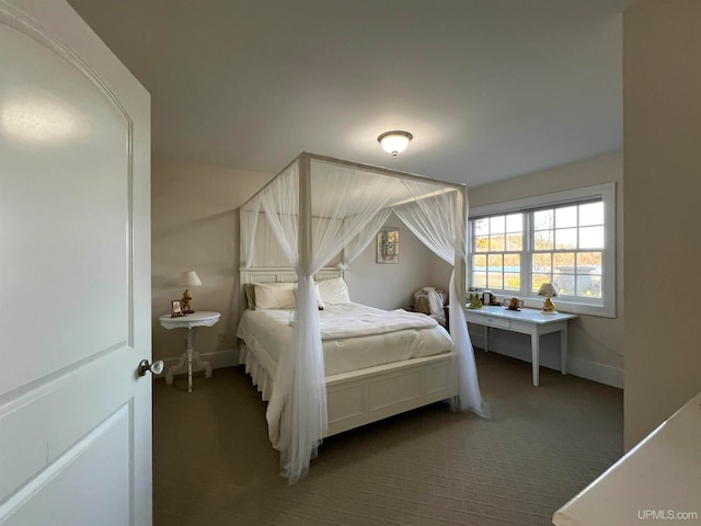 bedroom featuring dark carpet