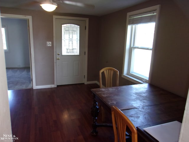 entryway featuring ceiling fan and dark hardwood / wood-style flooring