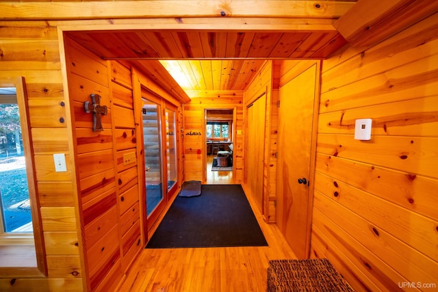 hall with light hardwood / wood-style flooring, wood walls, wooden ceiling, and a wealth of natural light