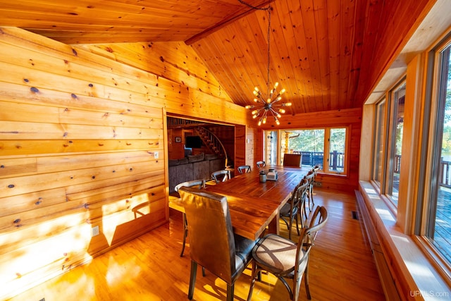 dining room with wood ceiling, light hardwood / wood-style flooring, lofted ceiling with beams, an inviting chandelier, and wood walls