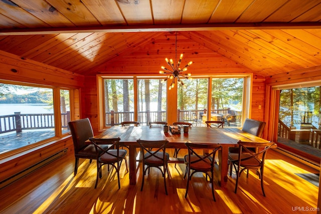 dining room featuring wood walls, vaulted ceiling with beams, wood-type flooring, and wood ceiling