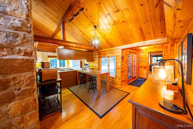 office space featuring vaulted ceiling with beams, wooden walls, light hardwood / wood-style flooring, a notable chandelier, and rail lighting