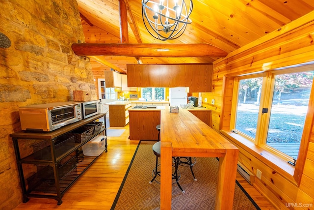 kitchen with light wood-type flooring, wood ceiling, kitchen peninsula, and white refrigerator