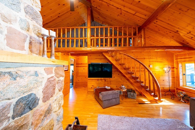 living room with beam ceiling, high vaulted ceiling, and wood-type flooring