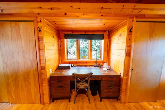 office area with light hardwood / wood-style floors, wood walls, and wooden ceiling