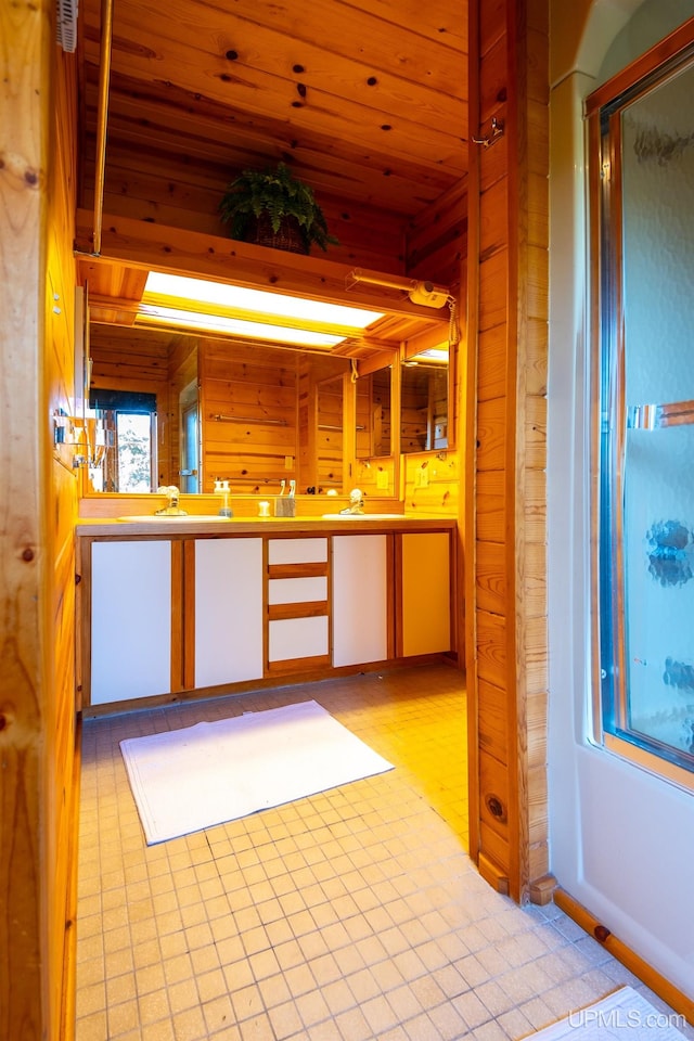 interior space with wood ceiling and wood walls