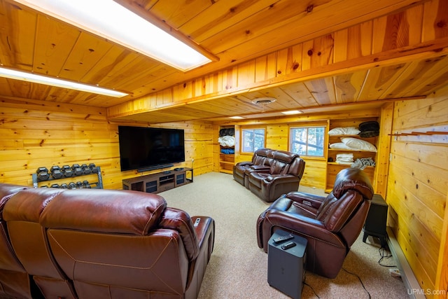 carpeted living room featuring wooden ceiling and wood walls