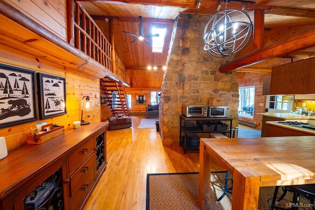 kitchen with light hardwood / wood-style flooring, wood walls, wooden counters, and wooden ceiling