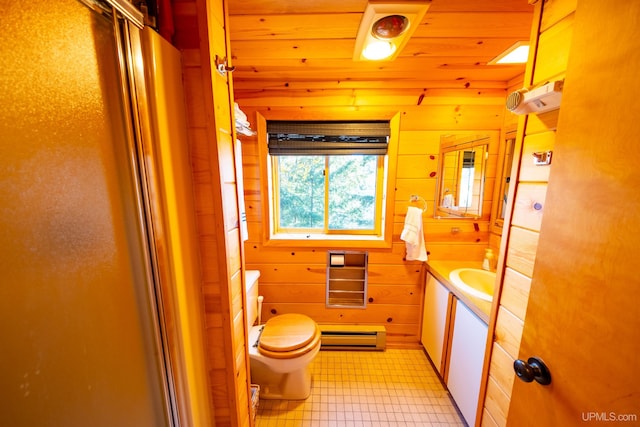 bathroom featuring wood ceiling, toilet, vanity, baseboard heating, and wooden walls