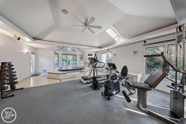 gym featuring a wealth of natural light, lofted ceiling with skylight, and ceiling fan