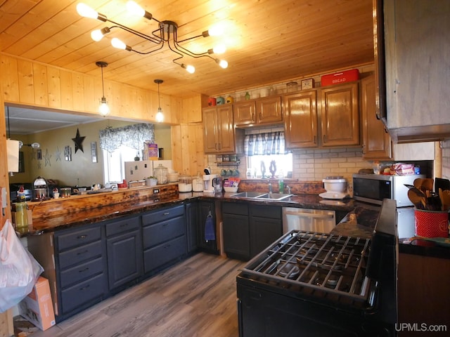 kitchen with kitchen peninsula, hardwood / wood-style floors, hanging light fixtures, sink, and stainless steel appliances