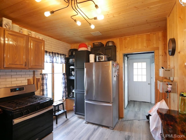 kitchen with light hardwood / wood-style floors, wood ceiling, wood walls, and stainless steel appliances