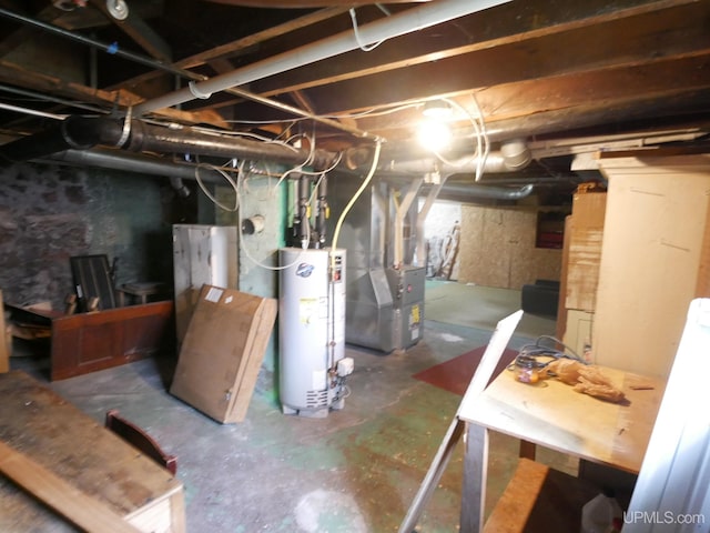 basement with heating unit and gas water heater