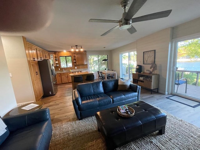 living room with ceiling fan, sink, light hardwood / wood-style floors, and plenty of natural light