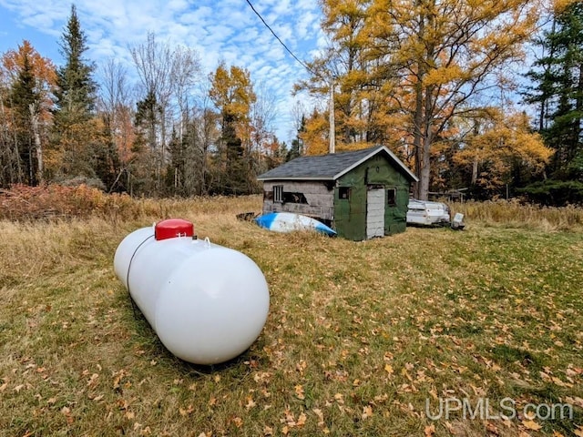 view of yard featuring a storage unit