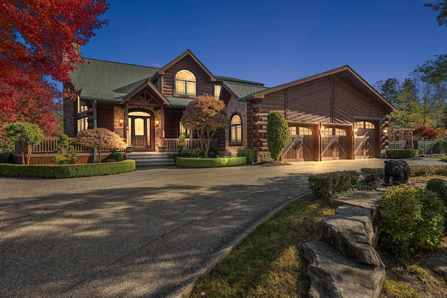 log home with a porch