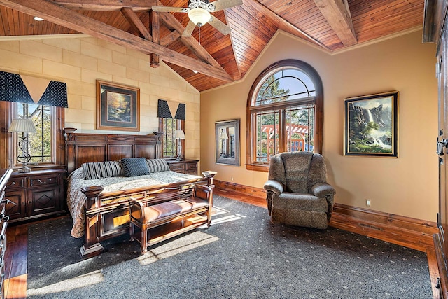 bedroom with beamed ceiling, wood ceiling, wood-type flooring, and ceiling fan