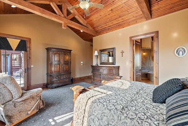 carpeted bedroom with wood ceiling, beam ceiling, ensuite bath, high vaulted ceiling, and ceiling fan