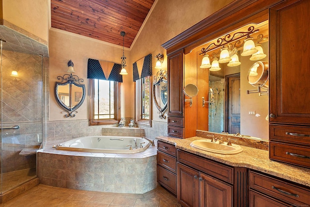 bathroom with shower with separate bathtub, tile patterned floors, wooden ceiling, lofted ceiling, and vanity